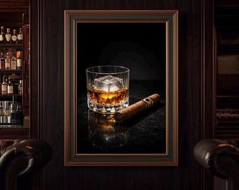 Lámina decorativa de pared con diseño de vaso de whisky, lámina de bourbon y puros, decoración minimalista para la cueva del hombre, arte moderno para carrito de bar, decoración de pared masculina, regalo para él.