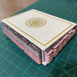 Könnte beinhalten: Ein cremefarbenes Buch mit goldenen Akzenten und einem dekorativen geprägten Einband. Das Buch hat beschriftete Registerkarten in Rosa- und Brauntönen. Die Registerkarten sind mit Text beschriftet. Das Buch ist geöffnet und zeigt die Seiten.