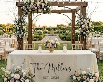 Personalized Wedding Table Runner – Custom Last Name & EST Date Banner – Elegant Script Reception Decor – Bridal Shower Head Table Linen