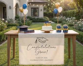 Personalized Graduation Table Runner, Custom Name Sign, Congrats Grad Party Decor
