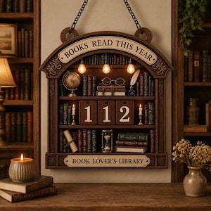 Puede incluir: Una estantería de pared de madera con tres niveles, que incluye el texto "BOOKS READ THIS YEAR" y "BOOK LOVER'S LIBRARY". Los estantes contienen libros en miniatura, un globo terráqueo, gafas, una pluma, un reloj de arena y el número 112.