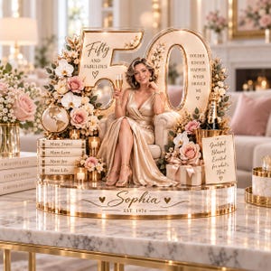 May include: A decorative 50th birthday display featuring a large acrylic number 50, a central figure in a gold dress holding a champagne flute, floral arrangements, a globe, stacked books, a champagne bottle, and a base engraved with Sophia Est. 1974.
