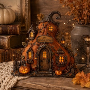 Puede incluir: Una escultura decorativa en forma de caba&ntilde;a de calabaza con una puerta central arqueada, varias ventanas iluminadas y un letrero que dice The Pumpkin Cottage. La estructura est&aacute; adornada con hojas de oto&ntilde;o esculpidas, faroles peque&ntilde;os y dos calabazas brillantes.