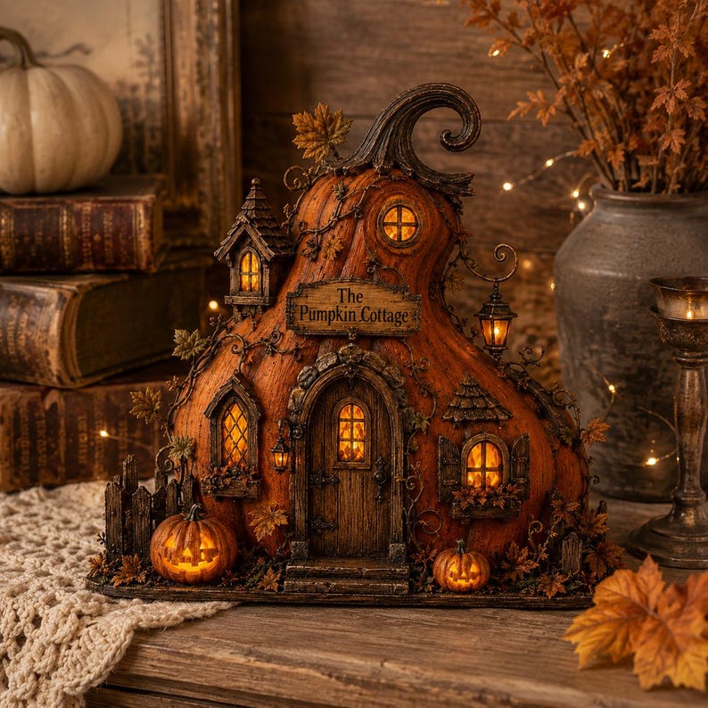 Puede incluir: Una escultura decorativa en forma de caba&ntilde;a de calabaza con una puerta central arqueada, varias ventanas iluminadas y un letrero que dice The Pumpkin Cottage. La estructura est&aacute; adornada con hojas de oto&ntilde;o esculpidas, faroles peque&ntilde;os y dos calabazas brillantes.