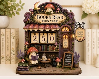 May include: A decorative wooden calendar featuring a mushroom-themed bookstore named Mossy Hollow Books. It displays the text Books Read This Year, Sophia's Library, and One More Chapter, One More Adventure. A small mushroom character reads a book.