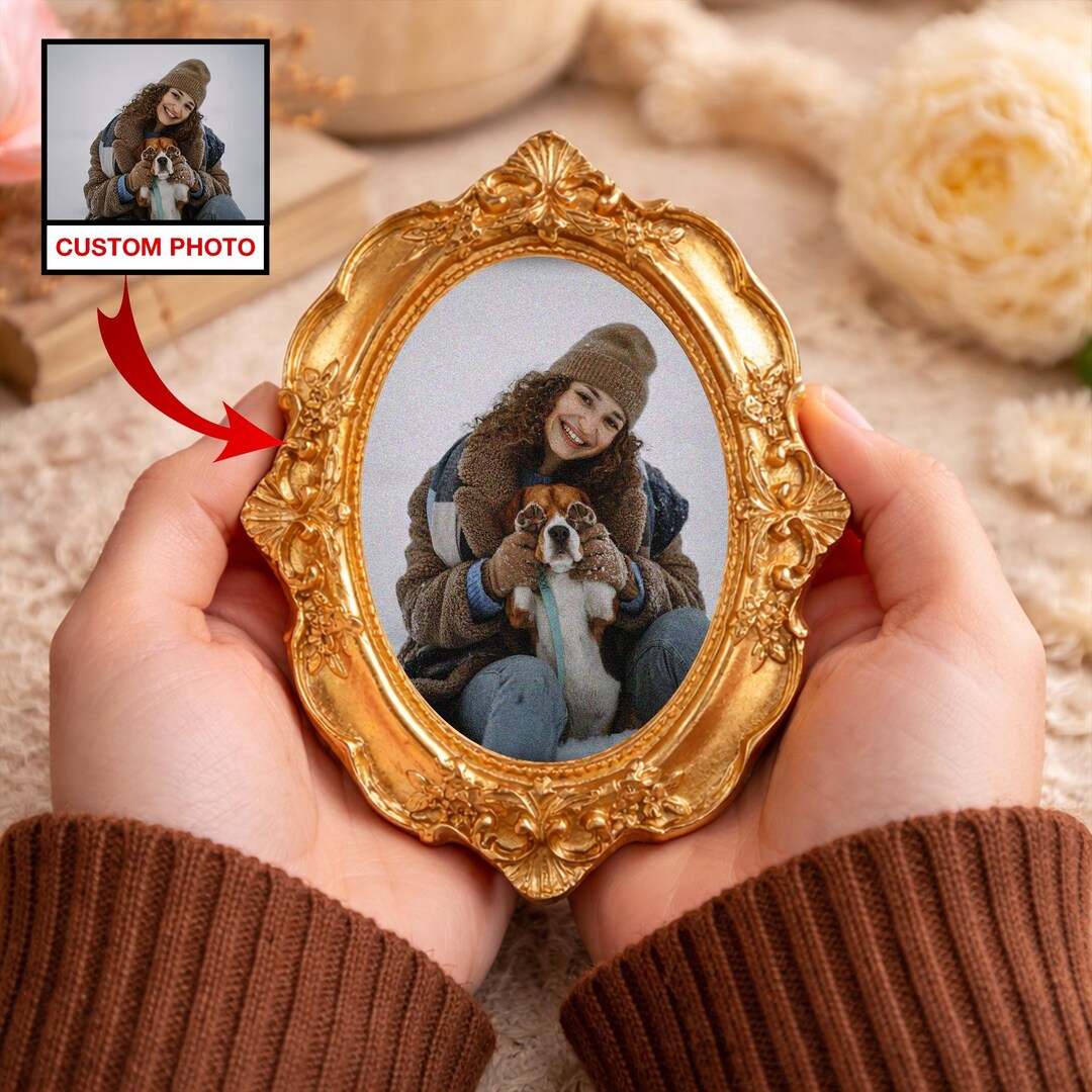 Custom Pet Photo Frame, Personalized Dog Portrait Gift, Vintage Gold ...