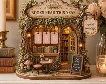 Contador de lectura personalizado, mostrador de libros de madera, decoración personalizada para librerías y bibliotecas, letrero para fijar objetivos de lectura, regalo de estilo cottagecore para amantes de los libros.