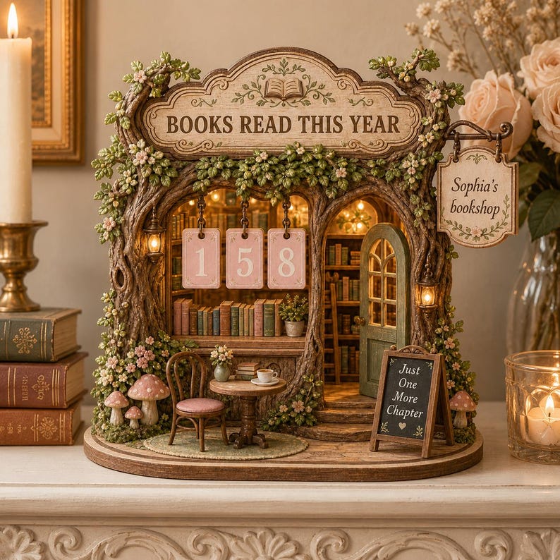May include: A miniature bookshop diorama titled BOOKS READ THIS YEAR with a hanging sign reading Sophia's bookshop and a chalkboard sign reading Just One More Chapter. The structure features a tree-like frame, pink numbered tags 1, 5, 8, a small table with a teacup, a chair, and interior shelves filled with books.