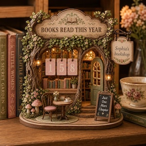 May include: A miniature bookstore diorama featuring a tree-shaped frame with the text BOOKS READ THIS YEAR, a hanging sign reading Sophia's bookshop, and a chalkboard sign stating Just One More Chapter. It includes shelves, a table, and a chair.