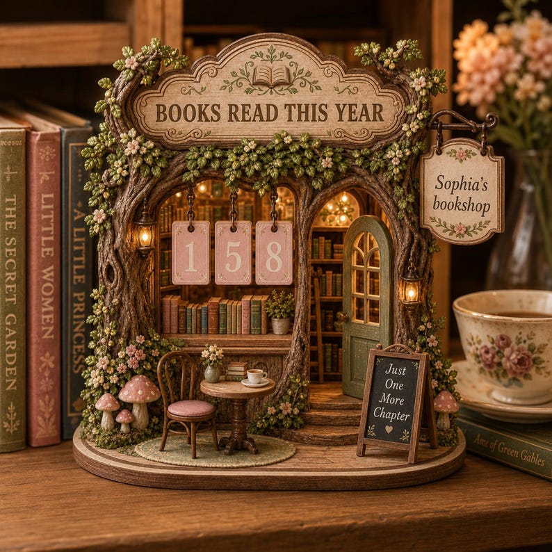 May include: A miniature bookstore diorama featuring a tree-shaped frame with the text BOOKS READ THIS YEAR, a hanging sign reading Sophia's bookshop, and a chalkboard sign stating Just One More Chapter. It includes shelves, a table, and a chair.