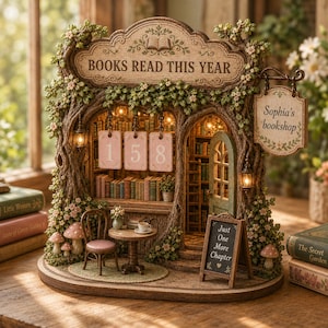 May include: A miniature wooden book nook display featuring a tree-shaped structure with the text 'BOOKS READ THIS YEAR' and 'Sophia's bookshop'. It includes a small table, chair, shelves with books, hanging number tags '158', and a sign reading 'Just One More Chapter'.
