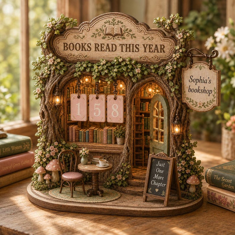 May include: A miniature wooden book nook display featuring a tree-shaped structure with the text 'BOOKS READ THIS YEAR' and 'Sophia's bookshop'. It includes a small table, chair, shelves with books, hanging number tags '158', and a sign reading 'Just One More Chapter'.
