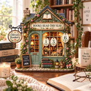 May include: A miniature bookshop model titled Olivia's Bookery with a sign reading BOOKS READ THIS YEAR and hanging tags showing the number 136. The structure features a teal door, a stone-textured roof, climbing vines, and a small squirrel figure.