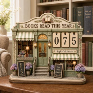 May include: A decorative tabletop book tracker shaped like a bookstore facade in sage green and cream. It features a central door, two striped awnings, miniature bookshelves, and three rotating number blocks displaying 075. Text reads: BOOKS READ THIS YEAR, Sophia's Library, READ, and One more chapter.