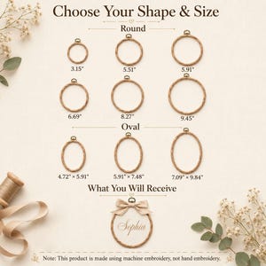 Puede incluir: Un gr&aacute;fico titulado Choose Your Shape & Size que muestra bastidores de bordado de madera redondos y ovalados con medidas en pulgadas. Los tama&ntilde;os redondos incluyen 3.15, 5.51, 5.91, 6.69, 8.27, 9.45 pulgadas. Los tama&ntilde;os ovalados incluyen 4.72x5.91, 5.91x7.48, 7.09x9.84 pulgadas.