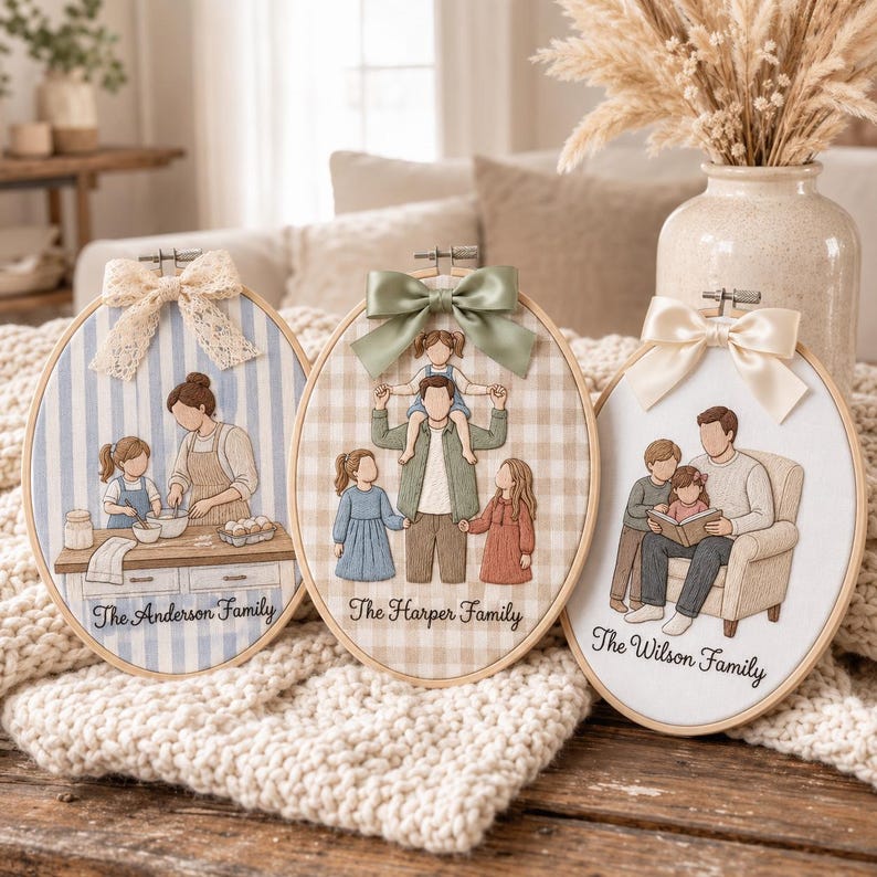 Puede incluir: Tres bastidores de bordado ovalados con retratos familiares personalizados. El bastidor izquierdo muestra una familia horneando sobre rayas azules con un lazo de encaje. El central tiene un lazo verde sobre cuadros. El derecho muestra una lectura.