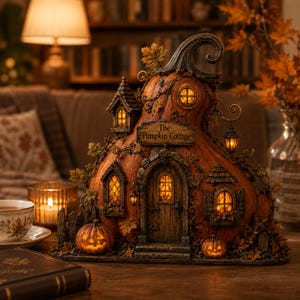 Puede incluir: Una escultura decorativa en forma de caba&ntilde;a de calabaza con un tallo curvo, m&uacute;ltiples ventanas iluminadas y una puerta central. Un letrero sobre la puerta dice The Pumpkin Cottage. La estructura est&aacute; adornada con peque&ntilde;as hojas y dos calabazas.