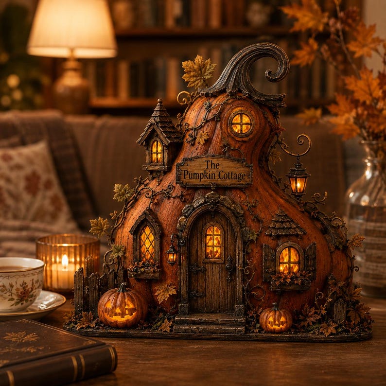 Puede incluir: Una escultura decorativa en forma de caba&ntilde;a de calabaza con un tallo curvo, m&uacute;ltiples ventanas iluminadas y una puerta central. Un letrero sobre la puerta dice The Pumpkin Cottage. La estructura est&aacute; adornada con peque&ntilde;as hojas y dos calabazas.