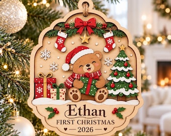 Adorno de madera personalizado para la primera Navidad del bebé, osito de peluche con nombre personalizado, regalo navideño de madera de 2 capas, decoración para el árbol de Navidad del recién nacido