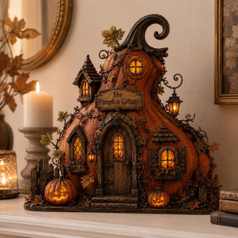 Puede incluir: Una escultura decorativa en forma de calabaza titulada The Pumpkin Cottage, con un exterior naranja texturizado, m&uacute;ltiples ventanas iluminadas, una puerta central arqueada, una linterna colgante y dos peque&ntilde;as calabazas brillantes en la base.