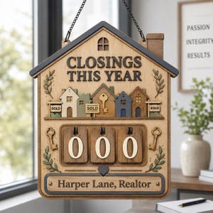 May include: A wooden house-shaped wall sign with a black chain, featuring the text "CLOSINGS THIS YEAR" above a row of small house cutouts with "SOLD" signs. Below, three wooden number tiles display "000" and a nameplate reads "Harper Lane, Realtor".