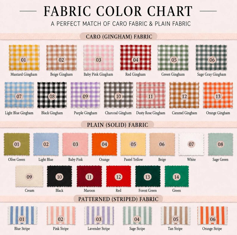 Puede incluir: Una carta de colores de tela que muestra tres categor&iacute;as: telas Caro vichy, lisas y a rayas. Cada muestra est&aacute; numerada y etiquetada con su nombre de color espec&iacute;fico, incluyendo mostaza, beige, rosa, rojo, verde, azul y naranja.