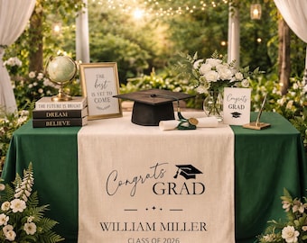 Personalized Graduation Table Runner, Cotton Linen Table Decor, Custom Name Sign, Congrats Grad Party Decor