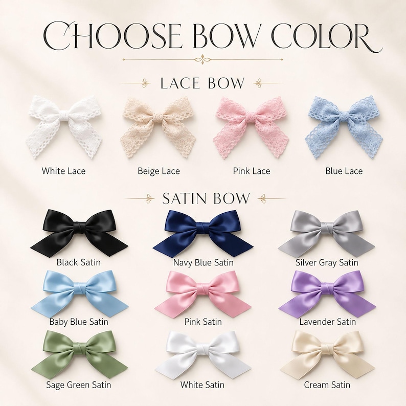 Puede incluir: Una carta de colores titulada CHOOSE BOW COLOR muestra cuatro lazos de encaje en blanco, beige, rosa y azul, y nueve lazos de sat&eacute;n en negro, azul marino, gris plata, azul beb&eacute;, rosa, lavanda, verde salvia, blanco y crema, etiquetados.