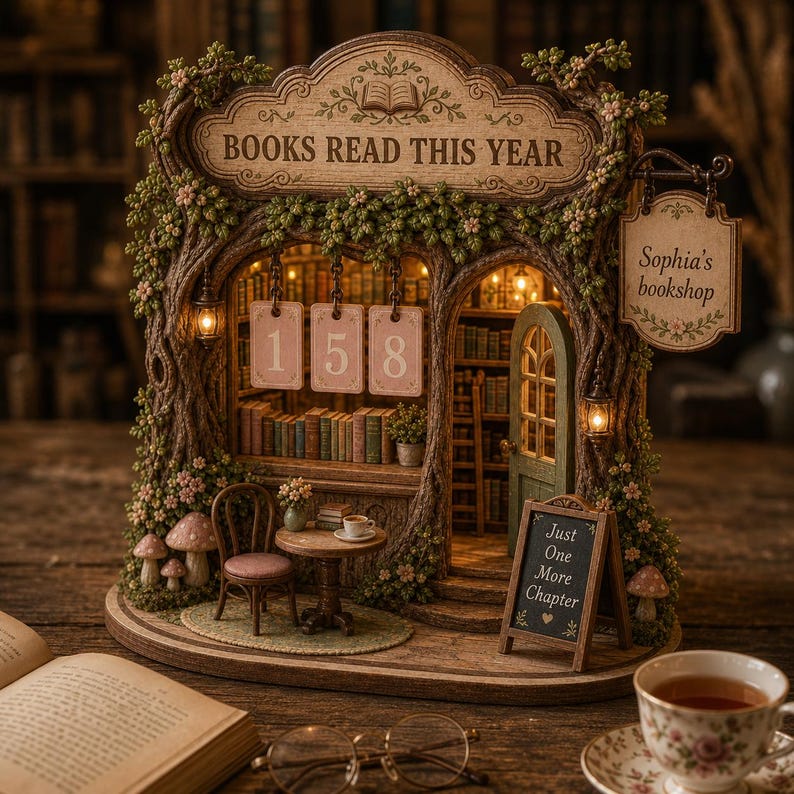 May include: A miniature bookshop diorama featuring a tree-like structure with the text BOOKS READ THIS YEAR, a hanging sign reading Sophia's bookshop, and a chalkboard sign saying Just One More Chapter. It includes shelves of books, a chair, and a table.