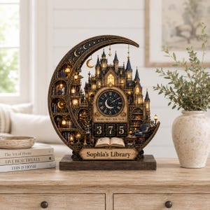 May include: A crescent moon-shaped decorative clock and calendar display featuring a detailed castle, miniature bookshelves, and warm interior lighting. The base is inscribed with the text 'Sophia's Library' and the calendar shows '375'.