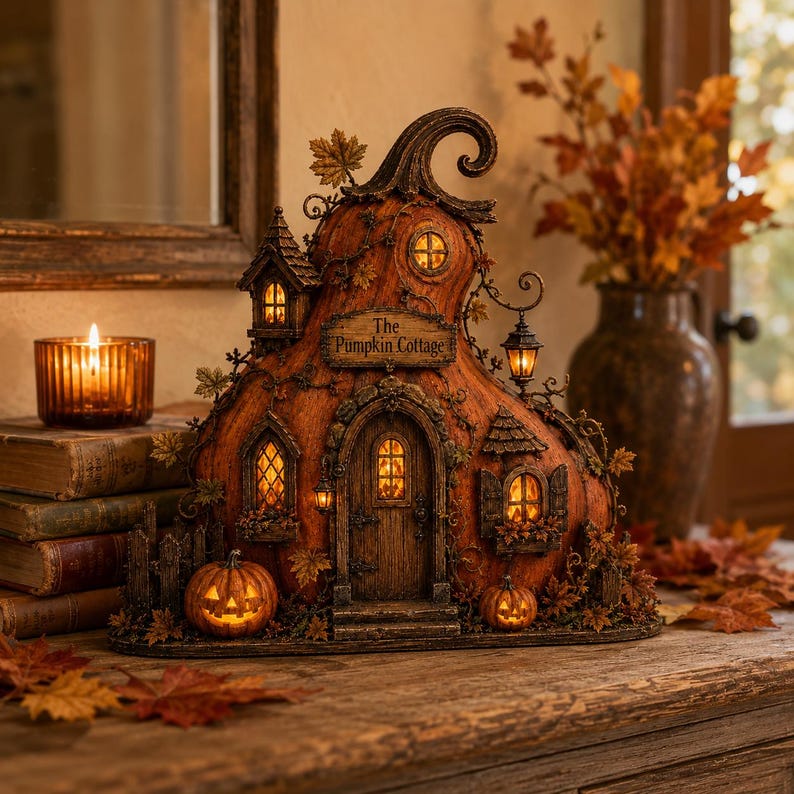 Puede incluir: Una escultura decorativa de caba&ntilde;a con forma de calabaza y un letrero que dice The Pumpkin Cottage. La estructura cuenta con ventanas iluminadas, una puerta central arqueada y peque&ntilde;as calabazas talladas en la base con hojas de oto&ntilde;o.