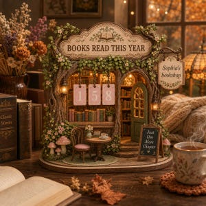 May include: A miniature bookstore diorama titled BOOKS READ THIS YEAR with a hanging sign reading Sophia's bookshop and a chalkboard sign saying Just One More Chapter. It features a tree-like structure, pink numbered tiles 1 5 8, a table, chair, and small mushrooms.