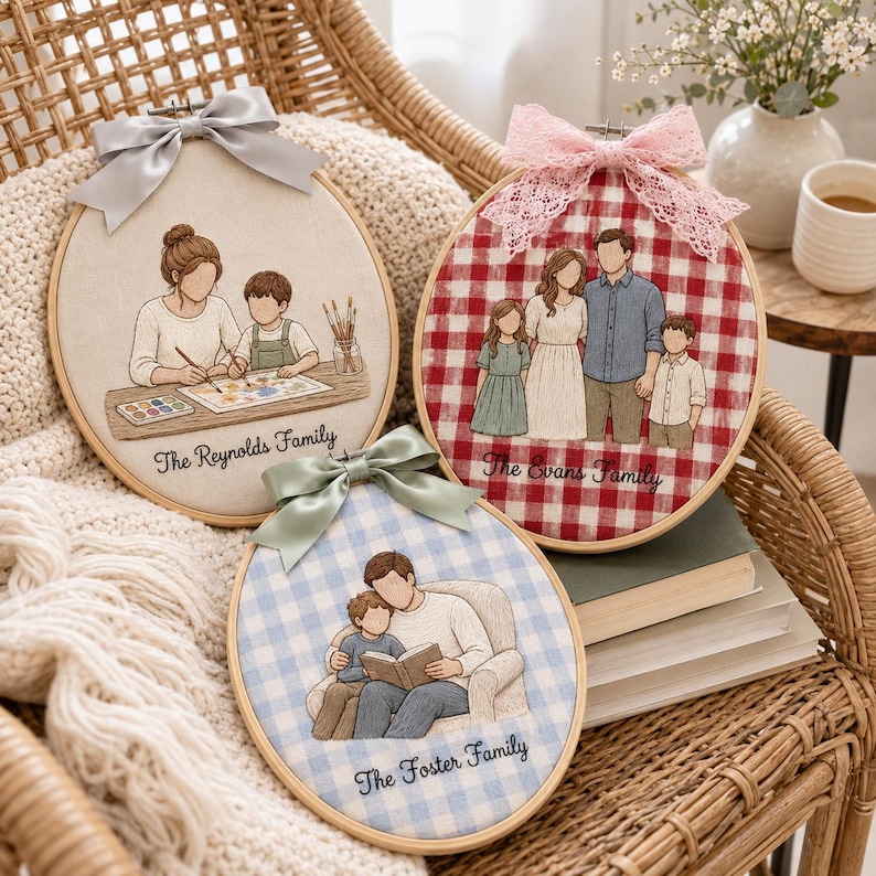 Puede incluir: Tres bastidores de bordado ovalados con retratos familiares personalizados. Uno muestra a una persona y un ni&ntilde;o pintando, otro a una familia de cuatro y otro a una persona y un ni&ntilde;o leyendo. Cada bastidor tiene un lazo decorativo y un nombre.