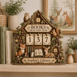 May include: A decorative wooden house-shaped book tracker featuring the text 'BOOKS READ THIS YEAR' and 'Sophia's Library'. It displays the number 137 on hanging cards, surrounded by sculpted woodland animals including a fox, owl, squirrel, and deer.
