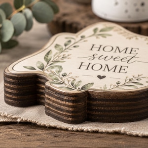 Puede incluir: Una placa de madera en capas con una superficie superior de color crema que presenta el texto HOME sweet HOME en letras negras, acentuado por una ilustraci&oacute;n de hojas bot&aacute;nicas verdes y un peque&ntilde;o coraz&oacute;n negro, con bordes marr&oacute;n oscuro.