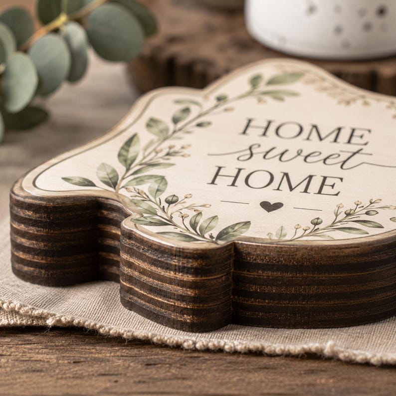 Puede incluir: Una placa de madera en capas con una superficie superior de color crema que presenta el texto HOME sweet HOME en letras negras, acentuado por una ilustraci&oacute;n de hojas bot&aacute;nicas verdes y un peque&ntilde;o coraz&oacute;n negro, con bordes marr&oacute;n oscuro.