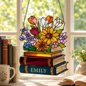 Personalized Book Stack Acrylic Window Hanging, Floral Stained Glass Suncatcher, Custom Name Reader Gift, Library Shelf Home Decor for Women
