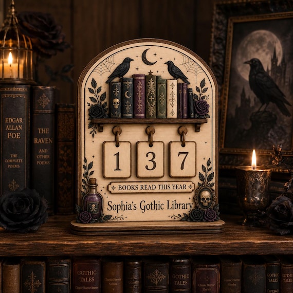 Personalized Gothic Reading Tracker, Books Read This Year Counter, Dark Academia Library Decor, Custom Book Lover Gift, Wooden Book Tracker