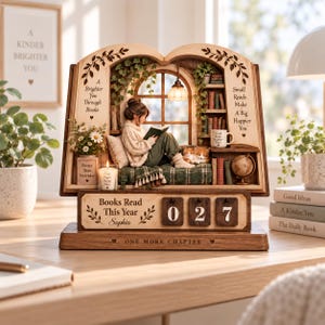 May include: A wooden book-shaped display featuring a miniature reading nook with a person reading, a cat, bookshelves, and a candle. The text reads: A Brighter You Through Books, Small Reads Make A Big Happier You, Books Read This Year, and One More Chapter.