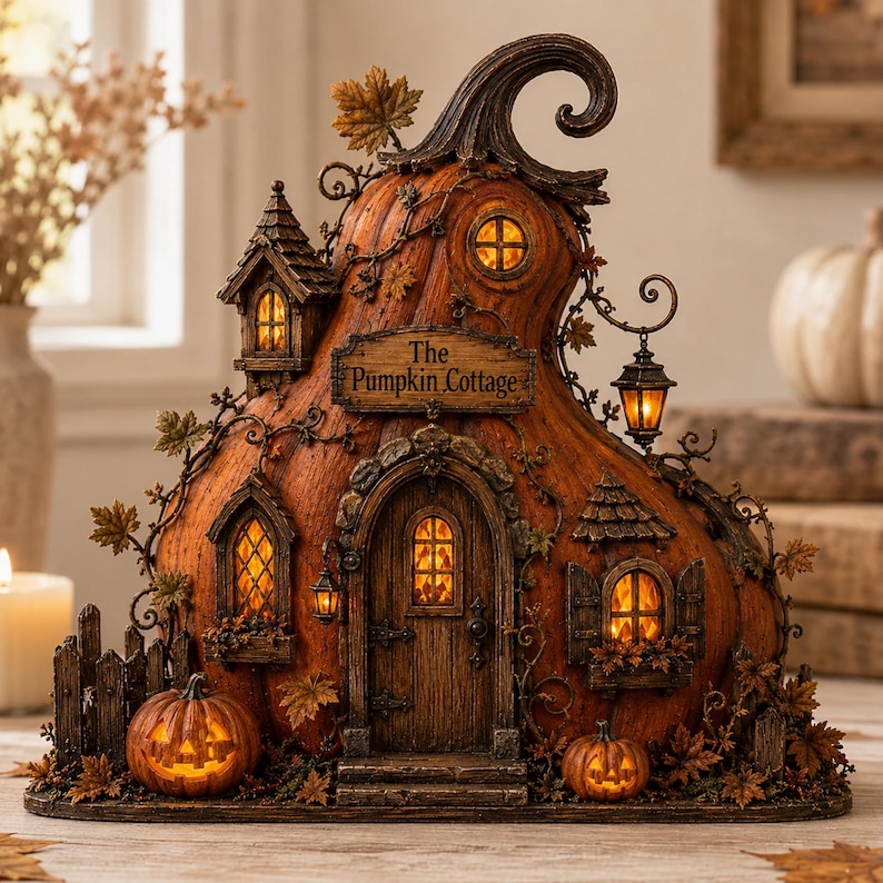 Puede incluir: Una escultura decorativa en forma de calabaza titulada The Pumpkin Cottage, con un exterior naranja texturizado, ventanas iluminadas, una puerta central arqueada, una linterna colgante y peque&ntilde;as calabazas talladas en la base con hojas de oto&ntilde;o.