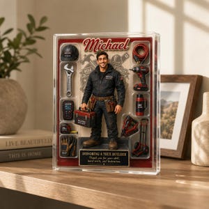 Personalized Mechanic Acrylic Block, Custom Action Figure Display, Honoring a True Builder, Trades Gift, Custom Builder Acrylic Plaque