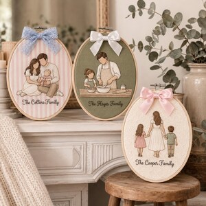 Puede incluir: Tres bastidores de bordado ovalados con retratos familiares personalizados. El primero muestra una familia sobre rayas rosas con un lazo azul. El segundo muestra una familia horneando sobre tela oliva con un lazo blanco. El tercero sobre encaje crema.