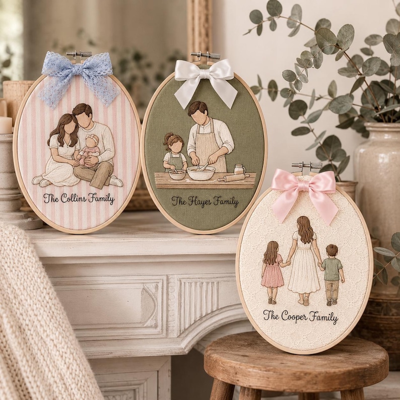 Puede incluir: Tres bastidores de bordado ovalados con retratos familiares personalizados. El primero muestra una familia sobre rayas rosas con un lazo azul. El segundo muestra una familia horneando sobre tela oliva con un lazo blanco. El tercero sobre encaje crema.