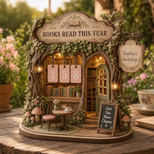 May include: A miniature bookstore display titled BOOKS READ THIS YEAR with a hanging sign reading Sophia's bookshop. It features a small table, chair, shelves of books, a green door, and a chalkboard sign that says Just One More Chapter.