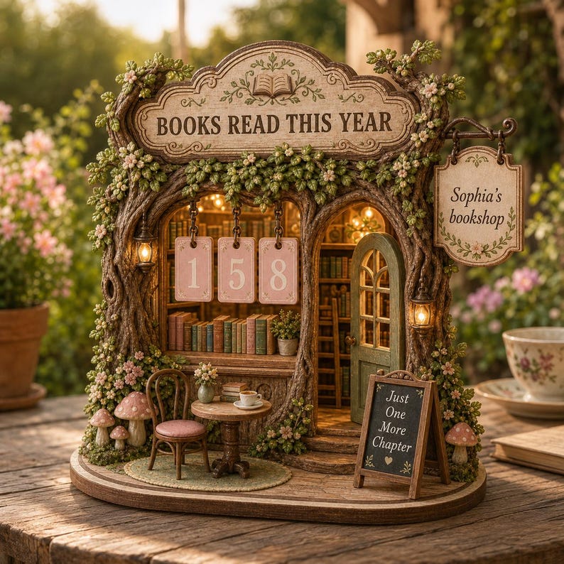 May include: A miniature bookstore display titled BOOKS READ THIS YEAR with a hanging sign reading Sophia's bookshop. It features a small table, chair, shelves of books, a green door, and a chalkboard sign that says Just One More Chapter.