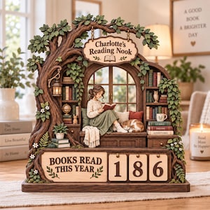 May include: A decorative wooden reading nook display featuring a tree-shaped frame with green leaves, a hanging sign reading Charlotte's Reading Nook, a miniature person reading a book, a cat, shelves of books, and a counter reading BOOKS READ THIS YEAR 186.