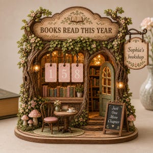 May include: A miniature bookstore display featuring a sign that reads BOOKS READ THIS YEAR, a hanging sign for Sophia's bookshop, and a chalkboard sign saying Just One More Chapter. The structure includes a table, chair, and number tiles 158.