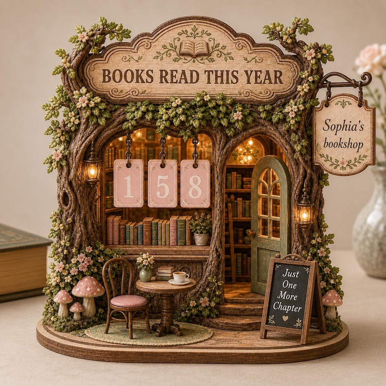 May include: A miniature bookstore display featuring a sign that reads BOOKS READ THIS YEAR, a hanging sign for Sophia's bookshop, and a chalkboard sign saying Just One More Chapter. The structure includes a table, chair, and number tiles 158.