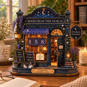 May include: A miniature bookstore display titled Books Read This Year with a sleeping cat, illuminated interior, and hanging sign reading Emma's Bookshop. The structure features blue walls, purple flowers, and shelves with books labeled Fiction, Fantasy, Mystery, and Better Me.