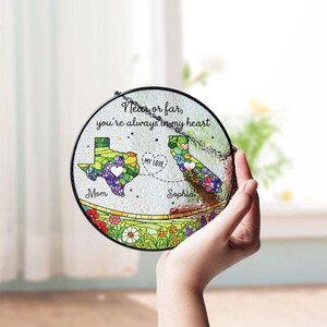 Personalized State to State Heart Stained Glass Suncatcher, Long Distance Gift for Mom Daughter, Mother Daughter Keepsake